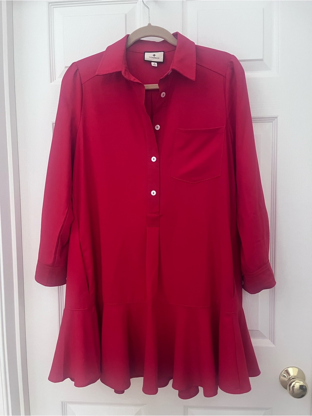 Tuckernuck Callahan Red Long-Sleeve Ruffle Hem Shirt Dress